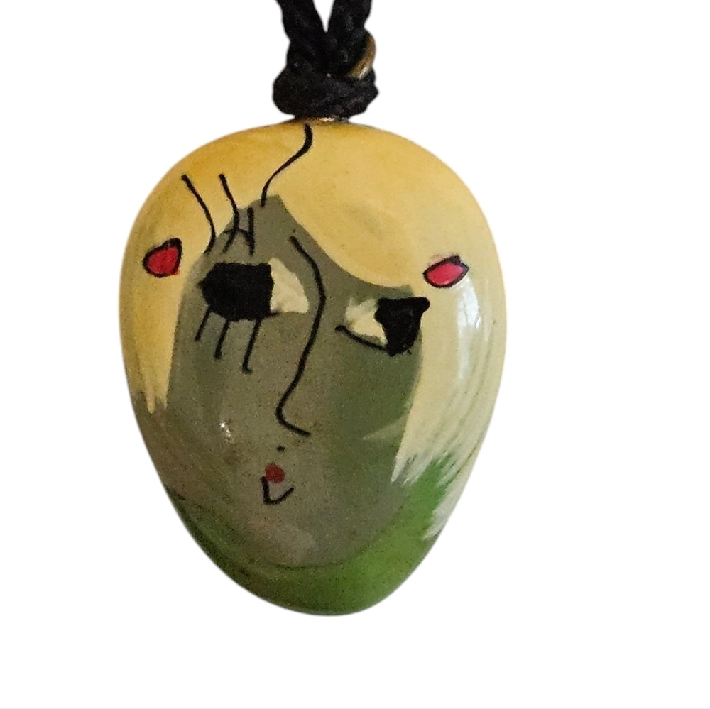 Painted pebble rock folk art necklace pendent.